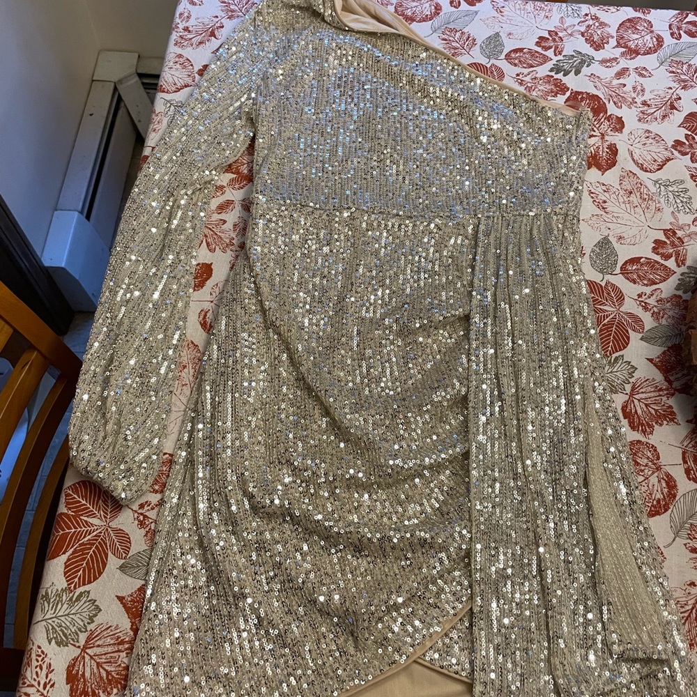 Champagne Silver Sequin One-Shoulder Dress Formal Homecoming or Wedding event